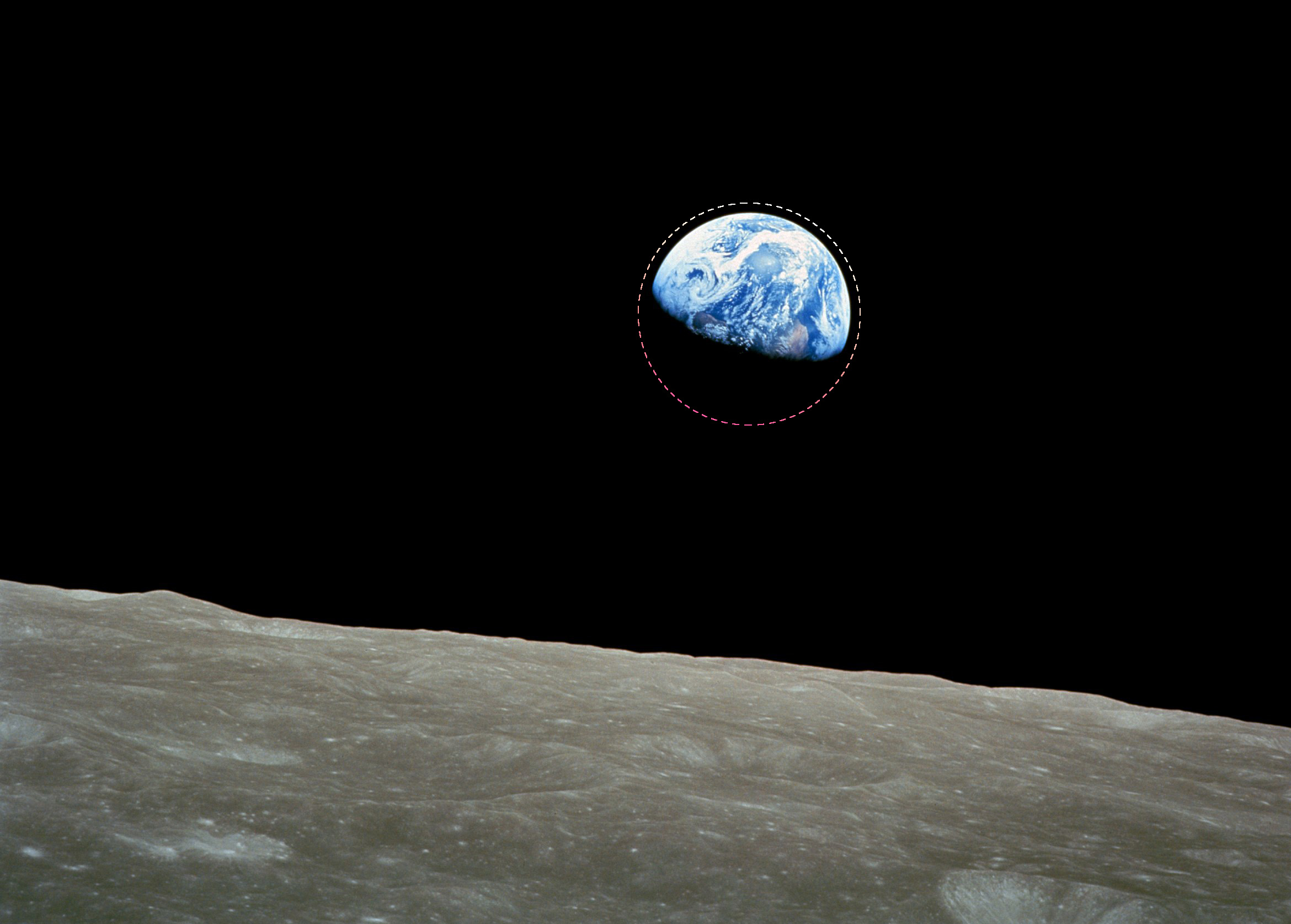 “Earthrise from Apollo 8, but with a dashed circle drawn around the Earth”